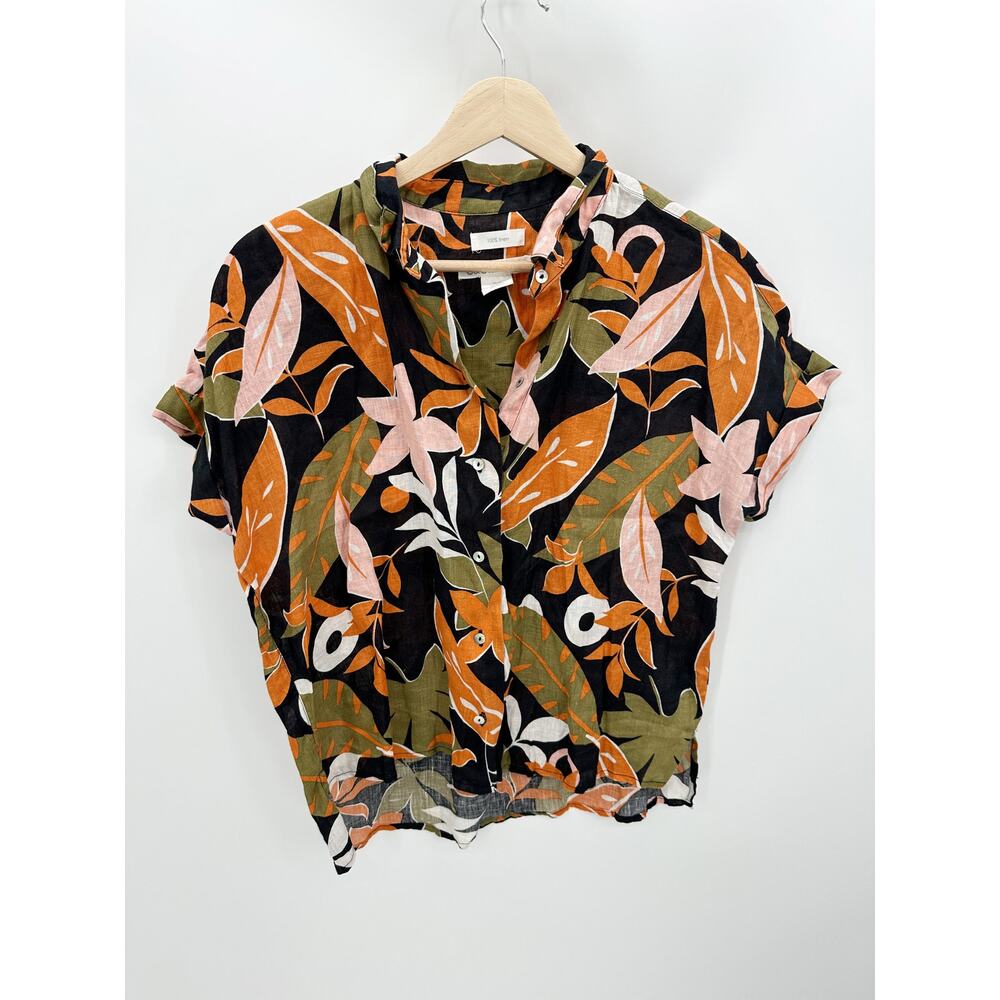 C&C California Black Tropical Print 100% Linen Button Up Shirt Women's Size XS